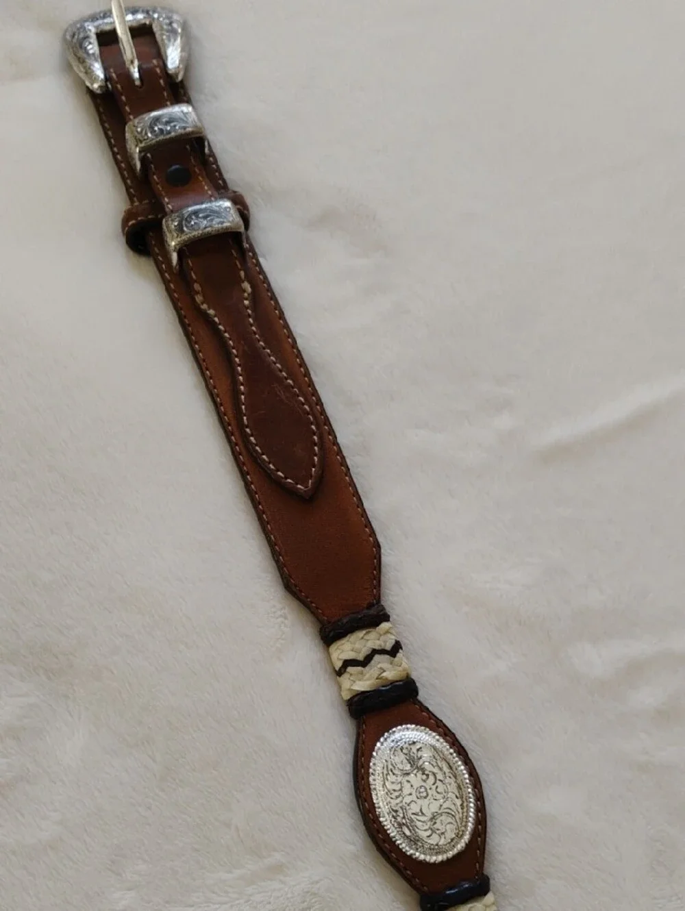 Women's Western  Leather Belt with Silver Look Conchos and Cream Braided Accents